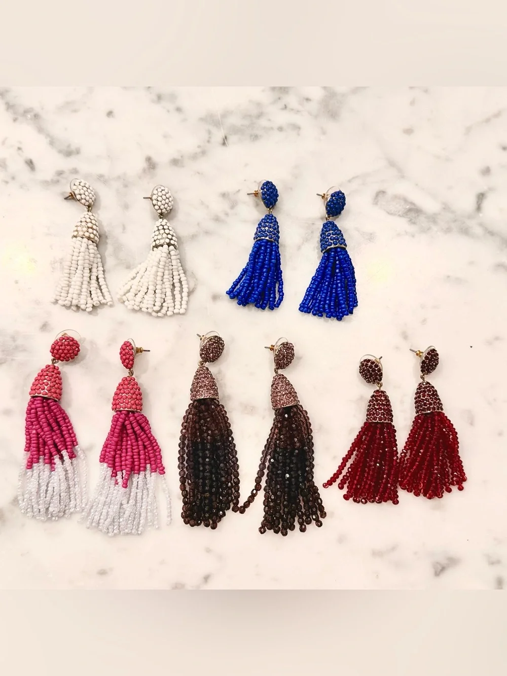 Beaded Tassel Drop Earrings - Blue, white, red, smoky, multi tone.